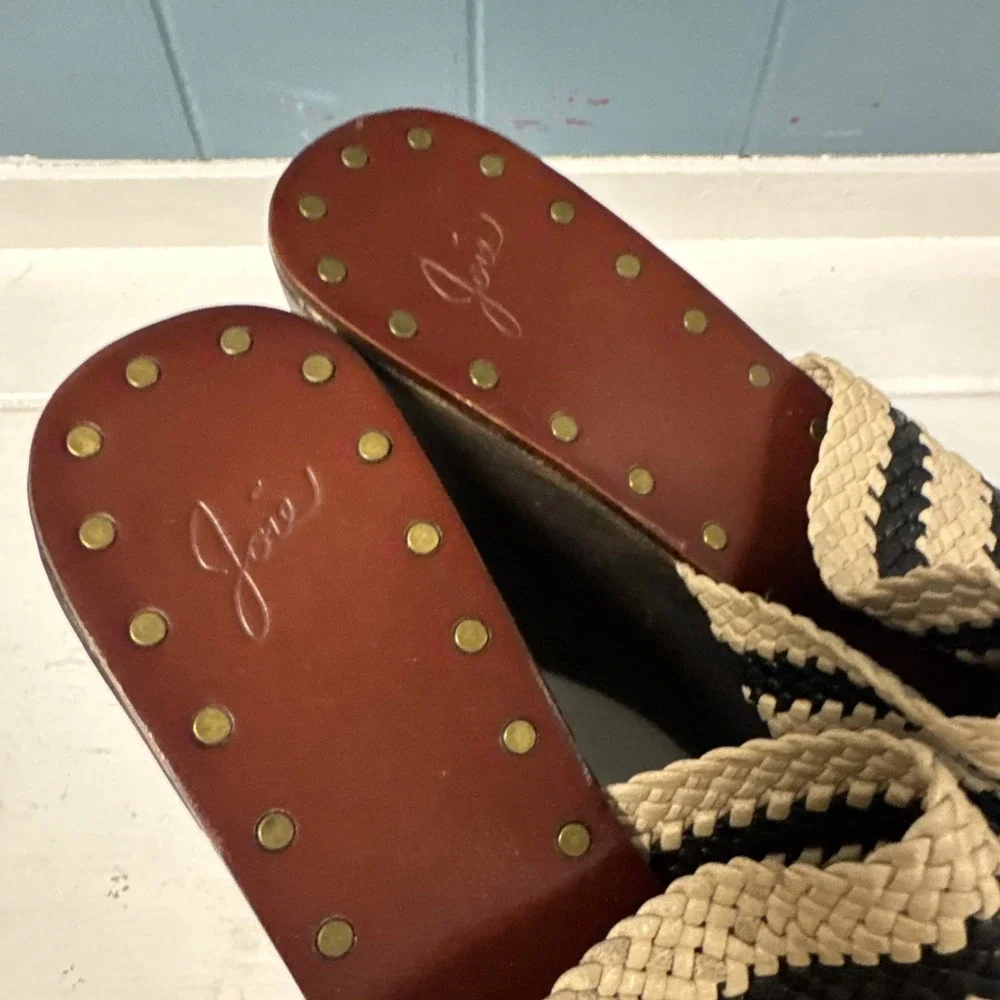 Joie Black Ivory Black Woven Stripe Braided Leather Platform Wood Wedges 10 - 40